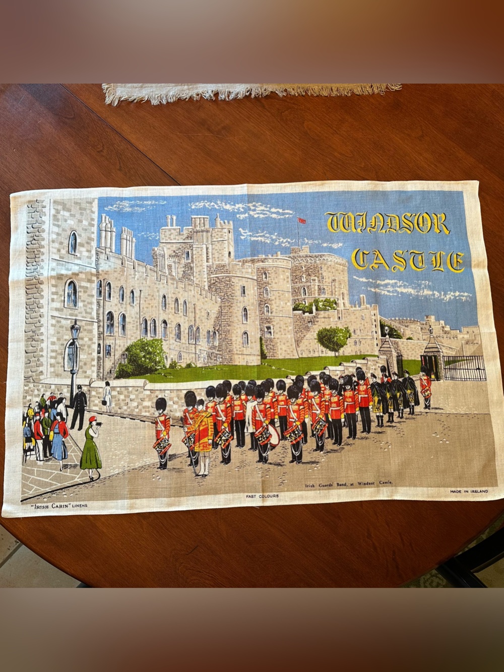 Vintage Irish Cabins Linen Souvenir Tea Towel Windsor Castle Irish Guards' Band